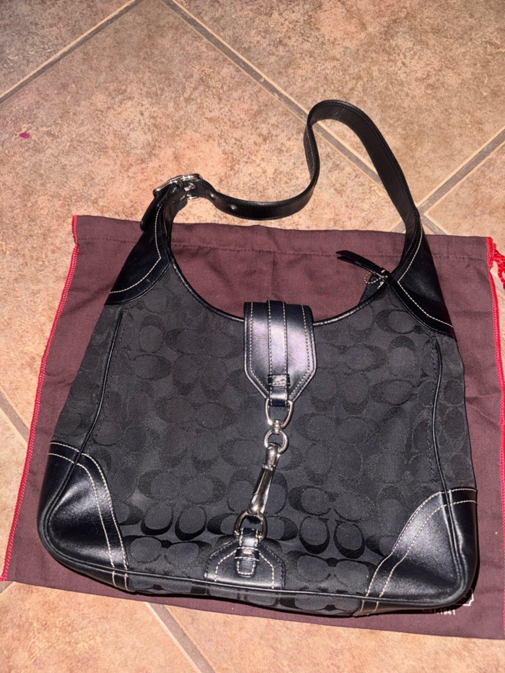 Coach Hamilton hobo bag black signature canvas, leather trim silver vintage